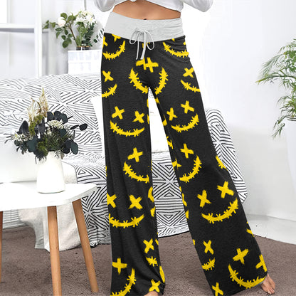 Yellow Stitch Faces Pattern Women's High-waisted Wide Leg Pants