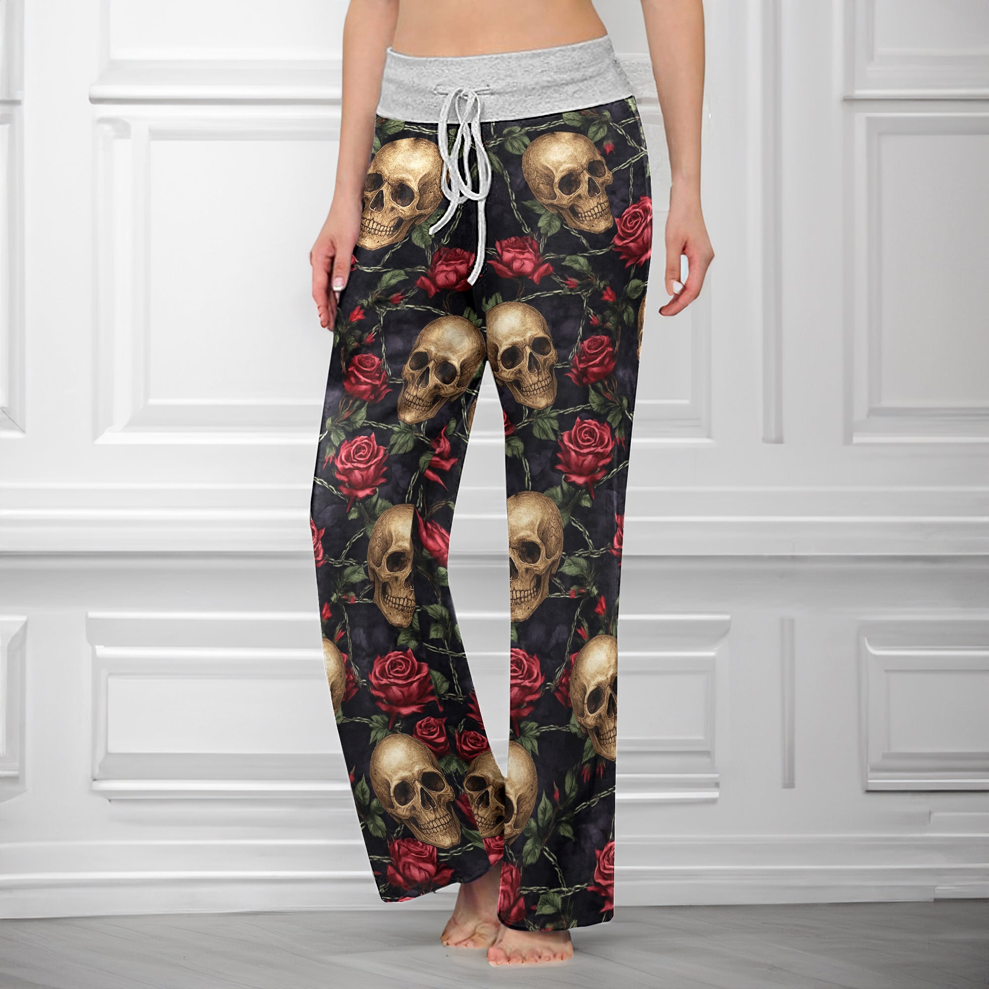 Gothic Skull Rose Art Women's High-waisted Wide Leg Pants