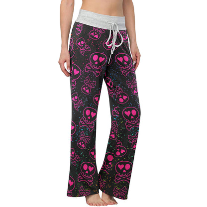 Pink Skull Love Pattern Women's High-waisted Wide Leg Pants | Wonder Skull