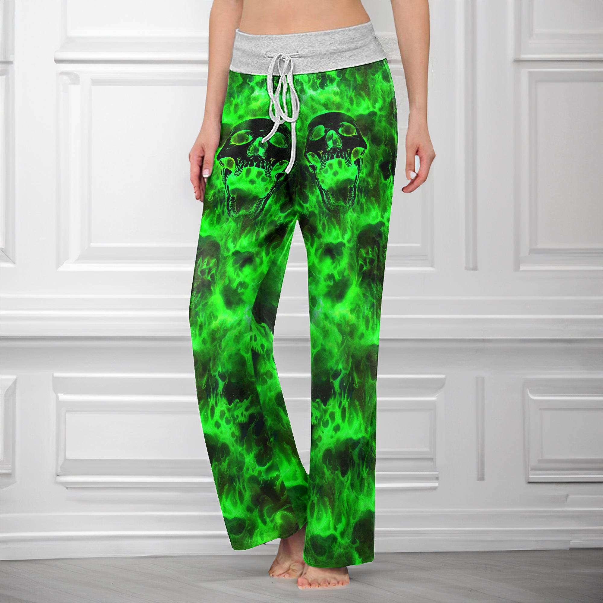 Green Skull Flaming Women's High-waisted Wide Leg Pants