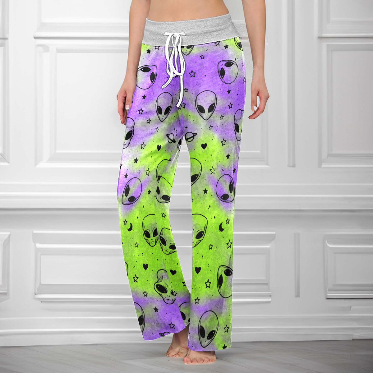 Neon Acid Alien Pattern Women's High-waisted Wide Leg Pants