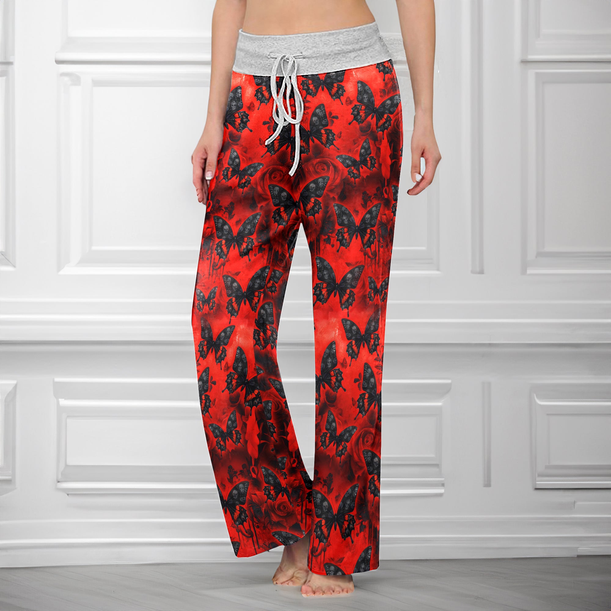 Red Butterfly Skull Gothic Women's High-waisted Wide Leg Pants