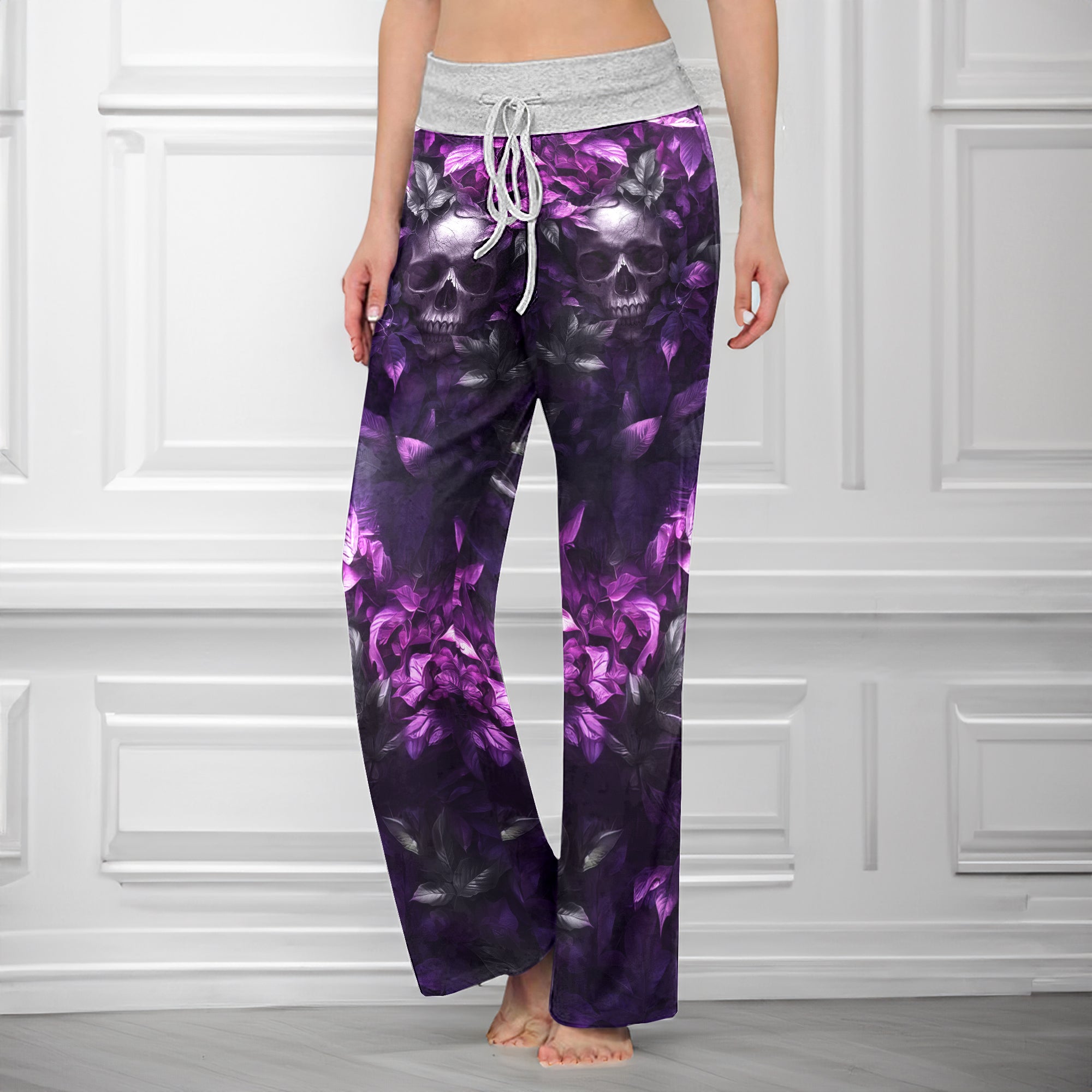 Purple Skull Filigree Rose Women's High-waisted Wide Leg Pants