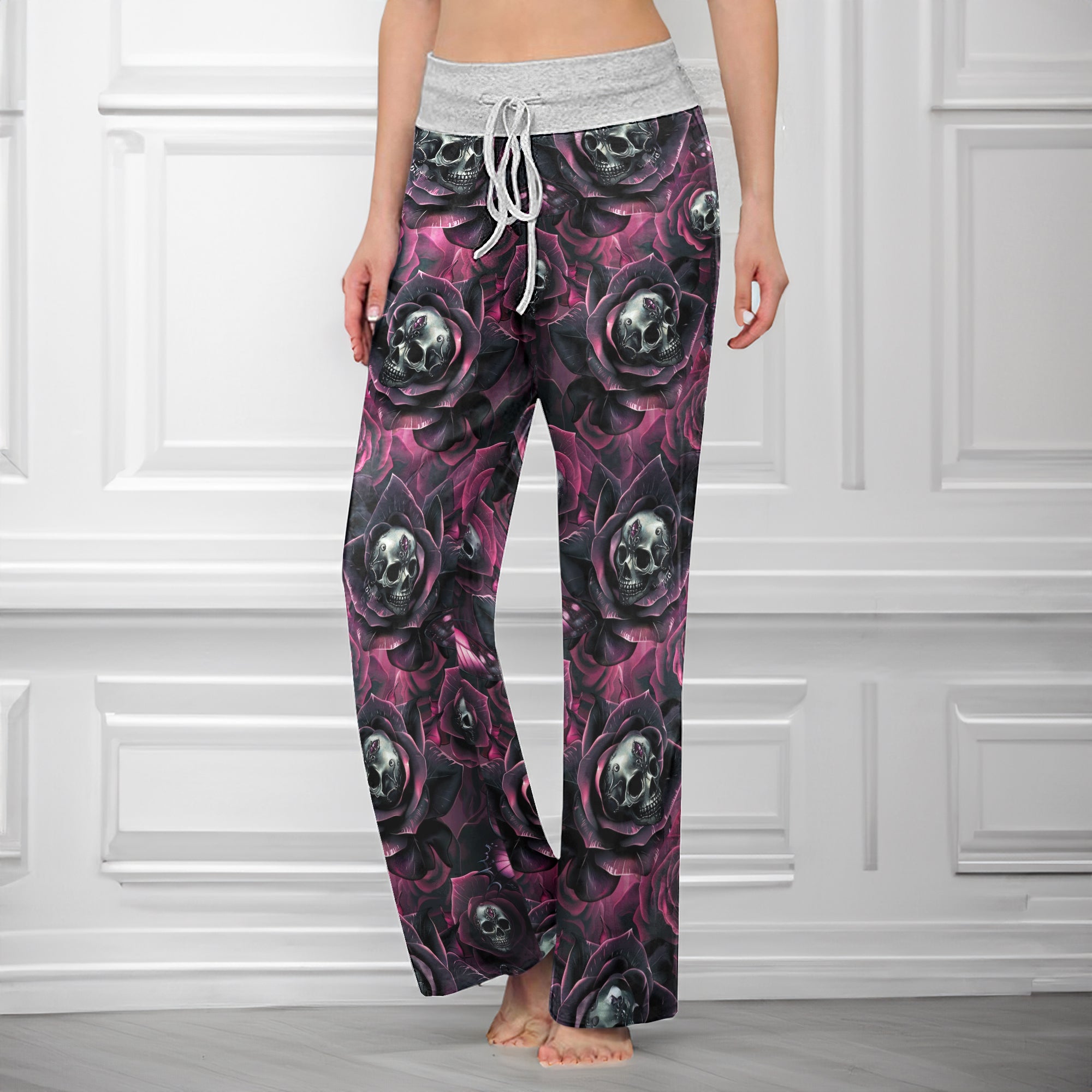 Skull Rose Abstract Pattern Women's High-waisted Wide Leg Pants