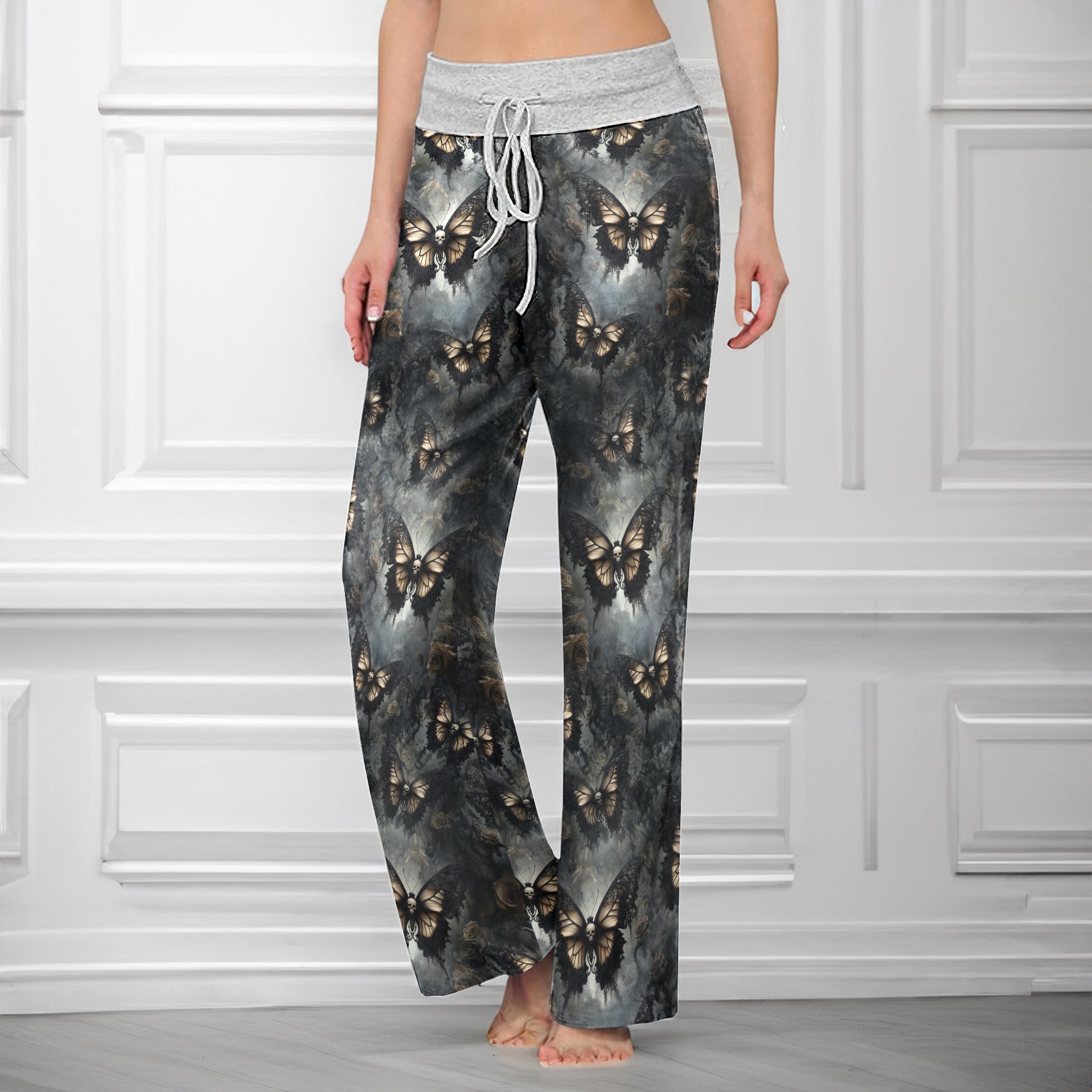 Tan Buterfly Skull Art Women's High-waisted Wide Leg Pants