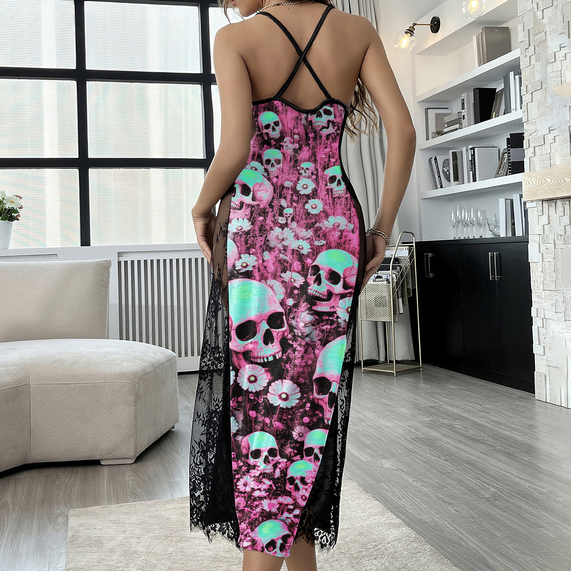 Neon Bloom Skull Pattern Lace Cami Sleepwear