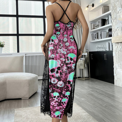 Neon Bloom Skull Pattern Lace Cami Sleepwear