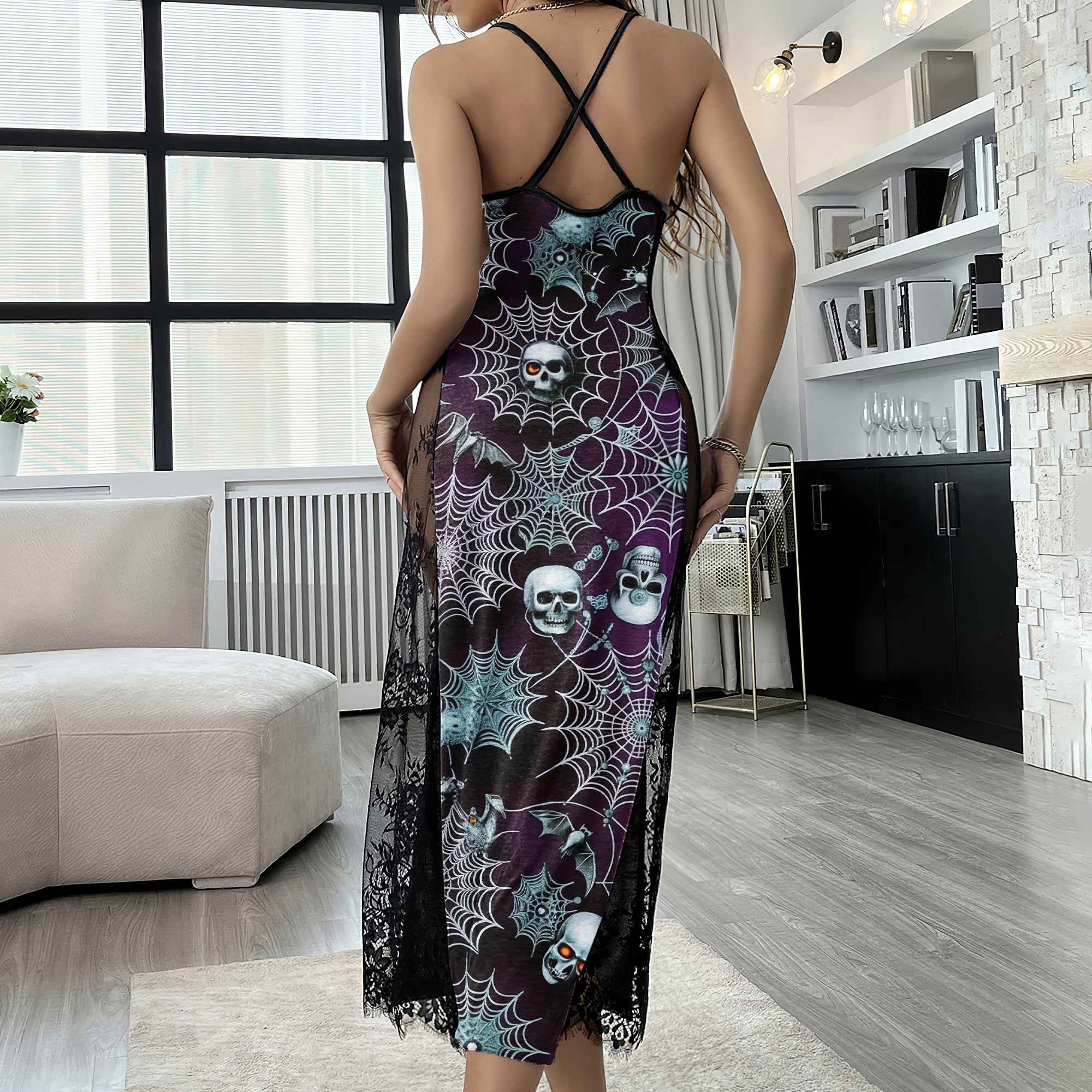 Spider Web Skull Pattern Lace Cami Sleepwear