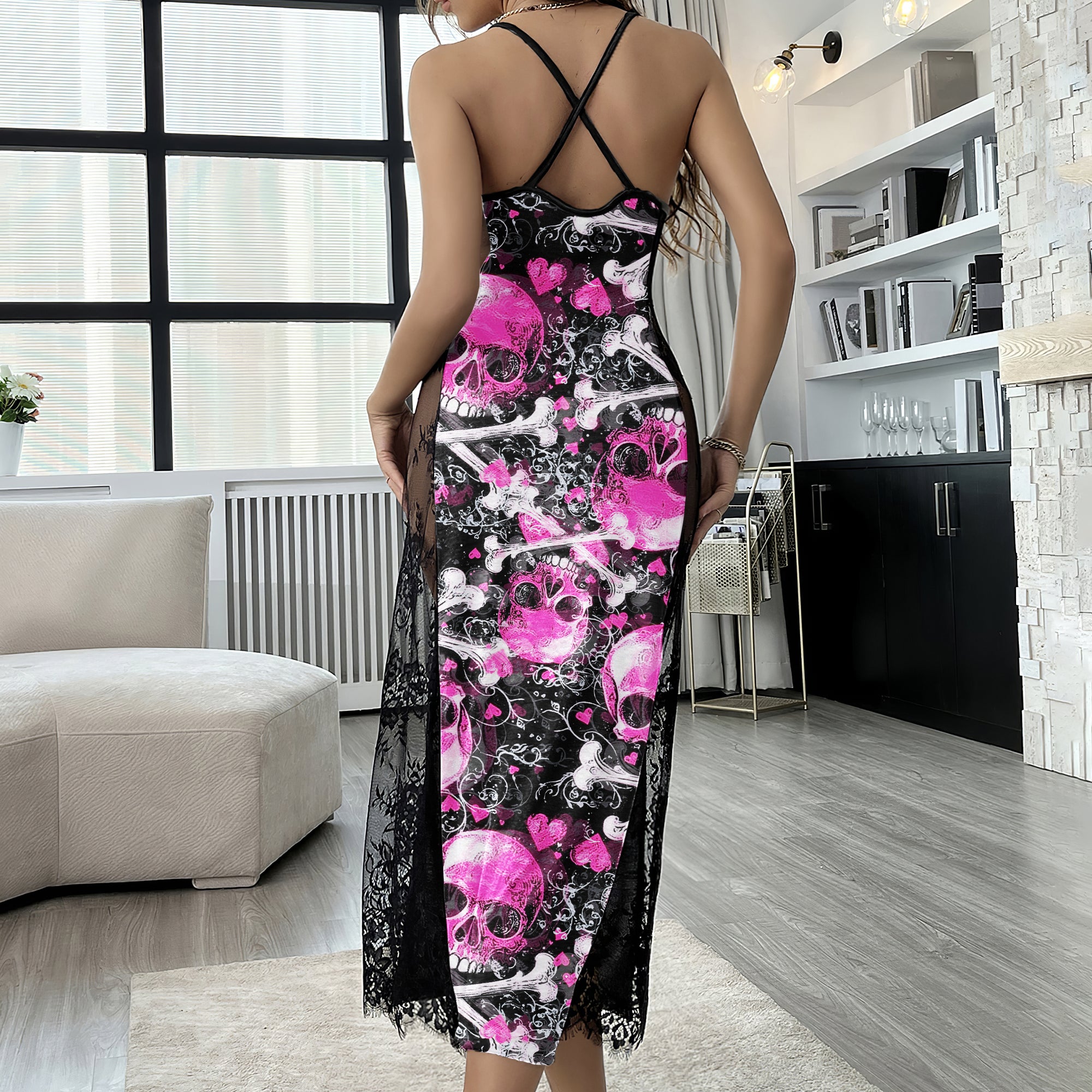 Pink Skull Graffiti Women's Lace Cami Sleepwear