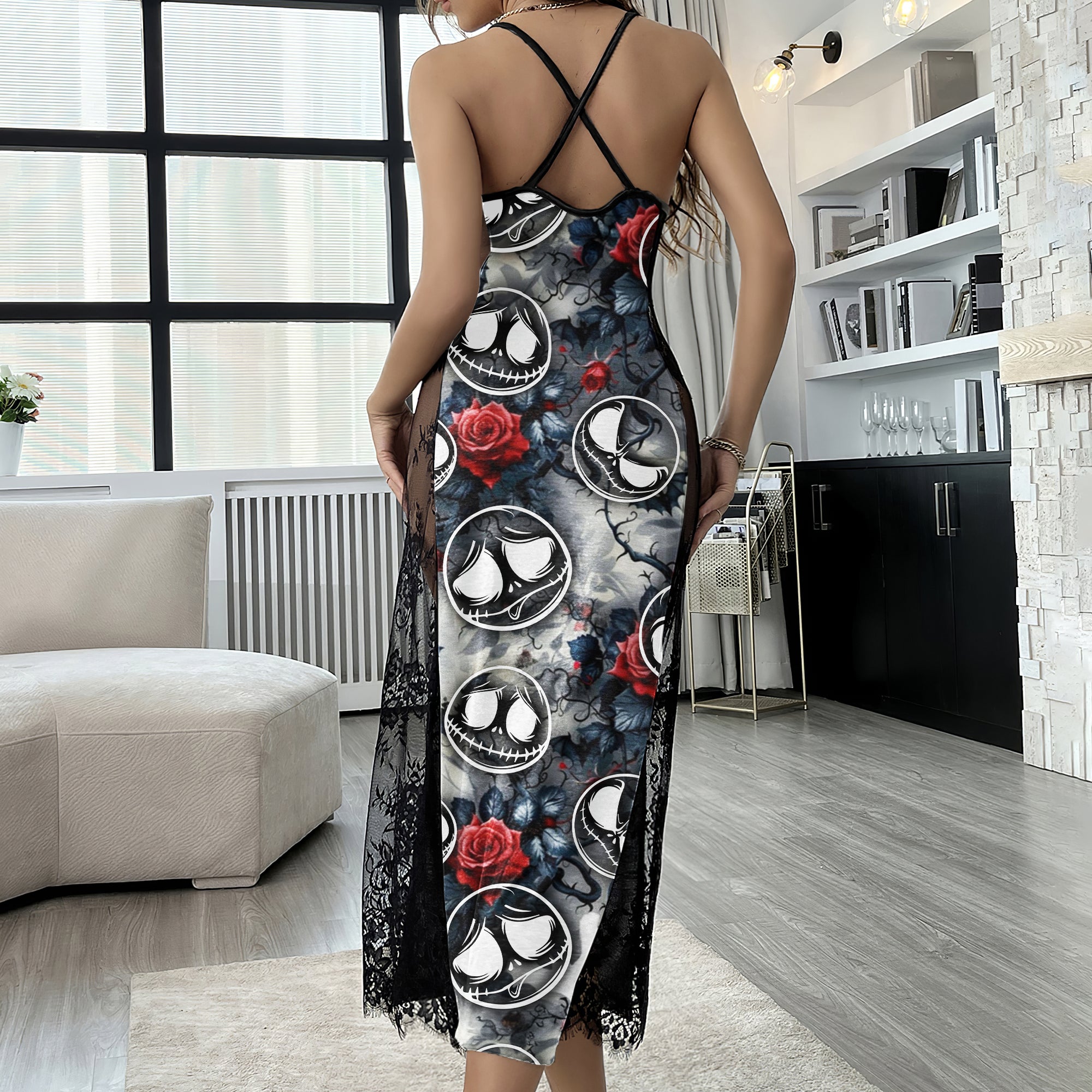 Silver Skull Face Pattern Women's Lace Cami Sleepwear