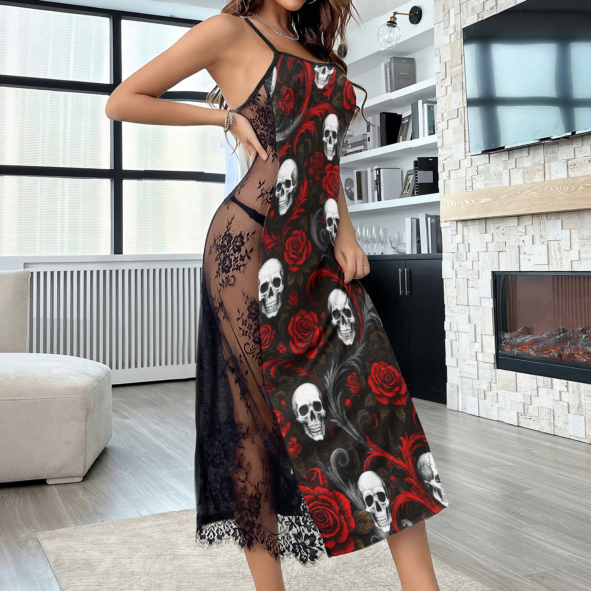 Floral Skull Rose Art Women's Lace Cami Sleepwear