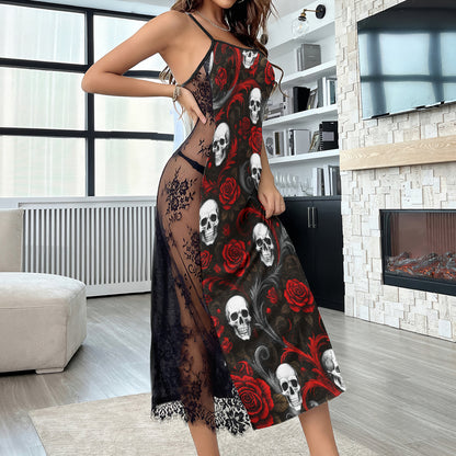 Floral Skull Rose Art Women's Lace Cami Sleepwear