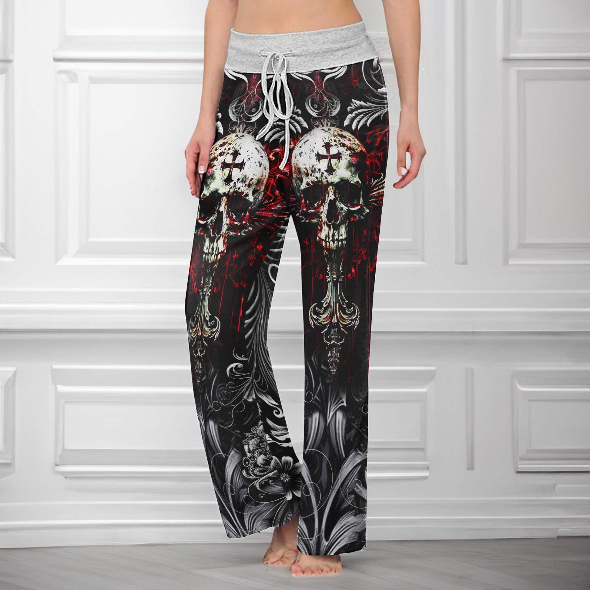 Red Cross Skull Art Women's High-waisted Wide Leg Pants | Wonder Skull