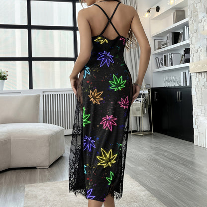 Neon Leaf Skull Pattern Women's Lace Cami Sleepwear
