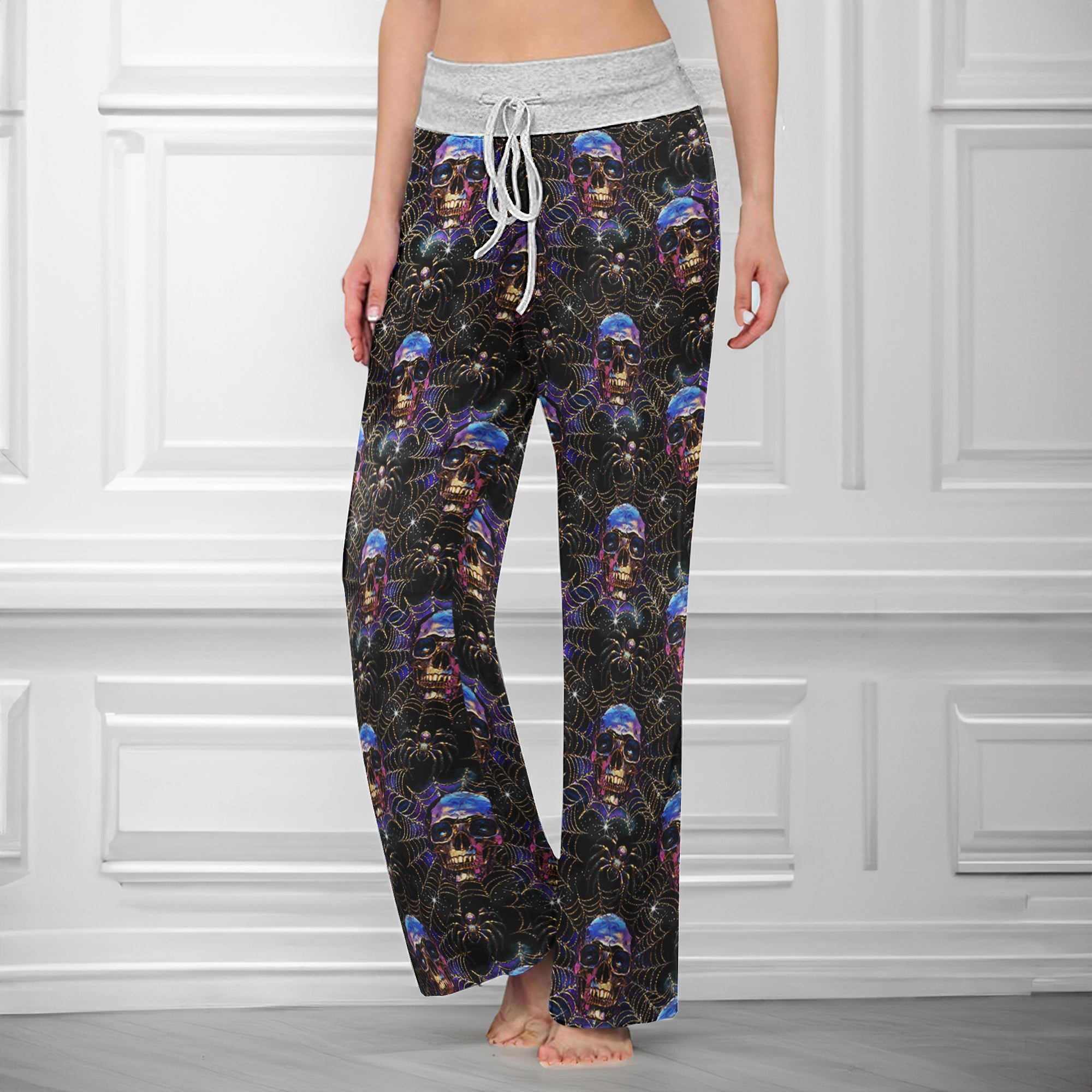 Galaxy Black Skull Pattern Women's High-waisted Wide Leg Pants | Wonder Skull