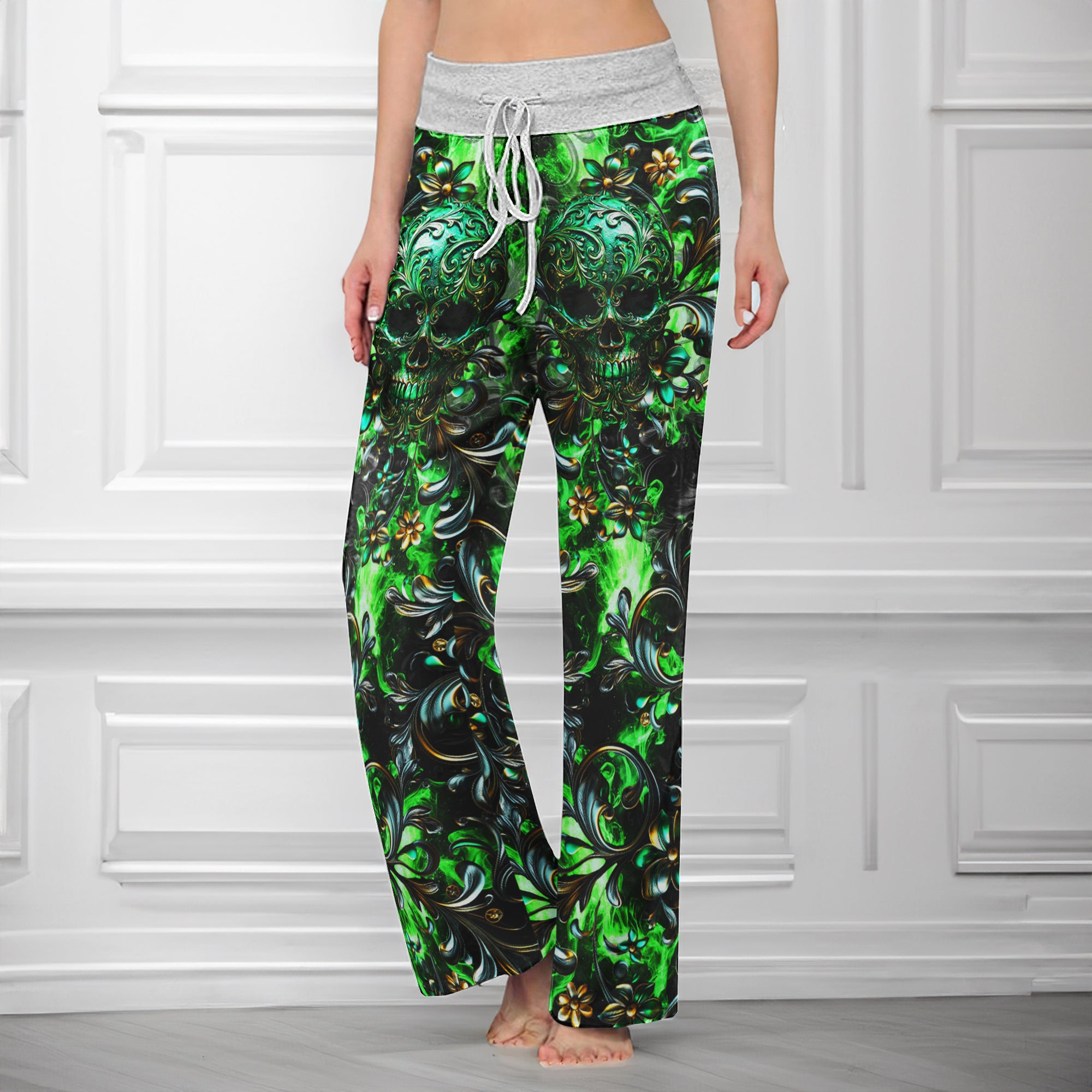 Green Filigree Skull Art Women's High-waisted Wide Leg Pants | Wonder Skull