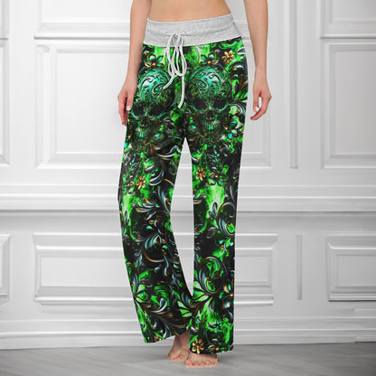 Green Filigree Skull Art Women's High-waisted Wide Leg Pants | Wonder Skull