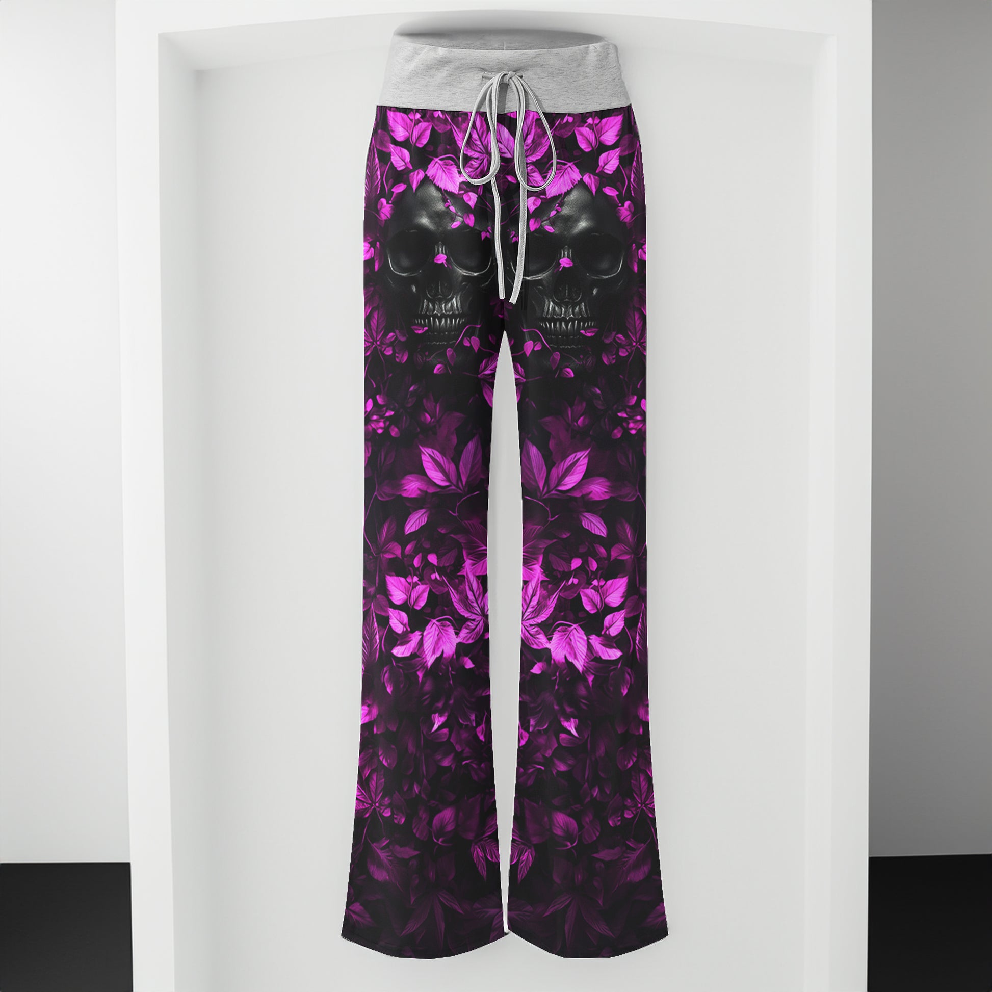 Pink Leaf Skull Art Women's High-waisted Wide Leg Pants | Wonder Skull