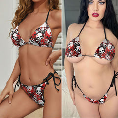 Blood Red Skull Pattern Micro Triangle Bikini Swimsuit