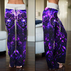 Purple Rose Skull Abstract Women's High-waisted Wide Leg Pants | Wonder Skull