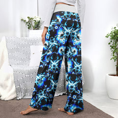 Dark Blue Skull Floral Women's High-waisted Wide Leg Pants | Wonder Skull