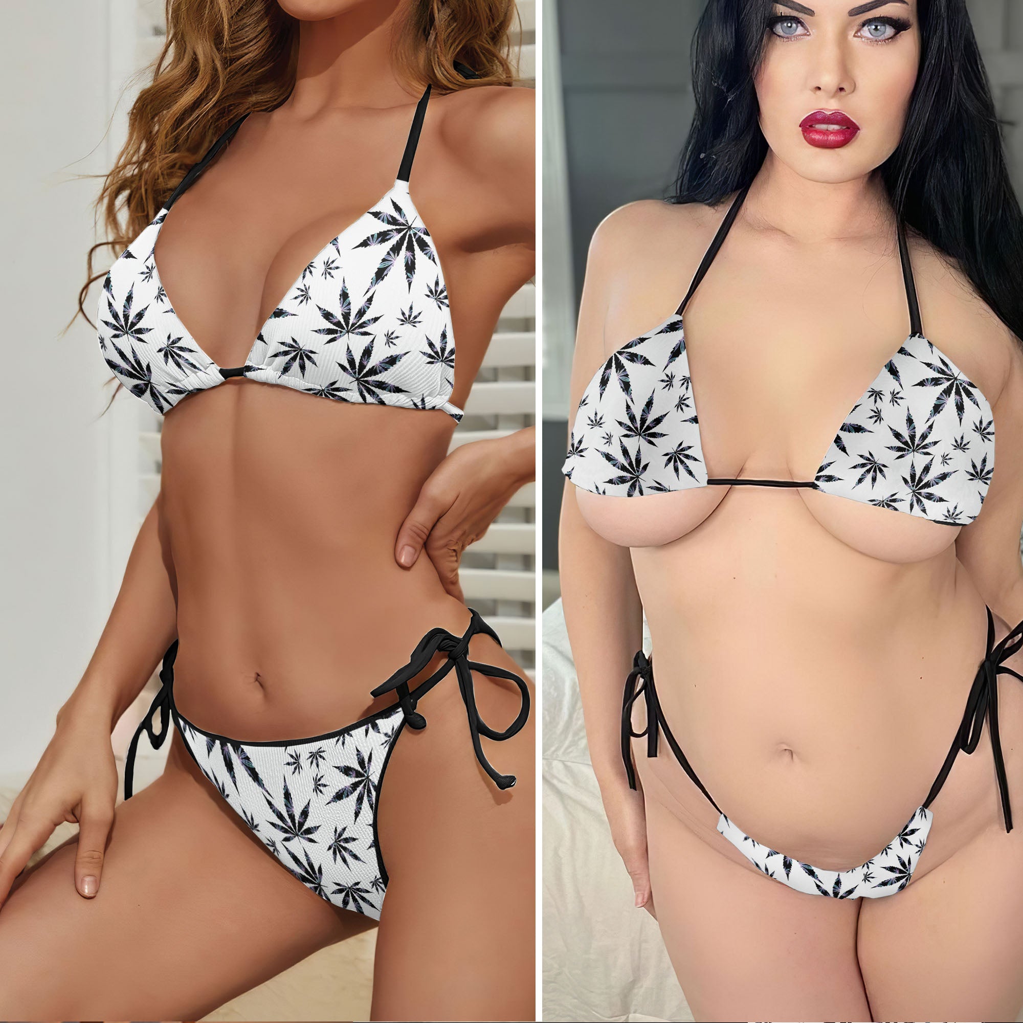 Dark Leaves White Burst Micro Triangle Bikini Swimsuit