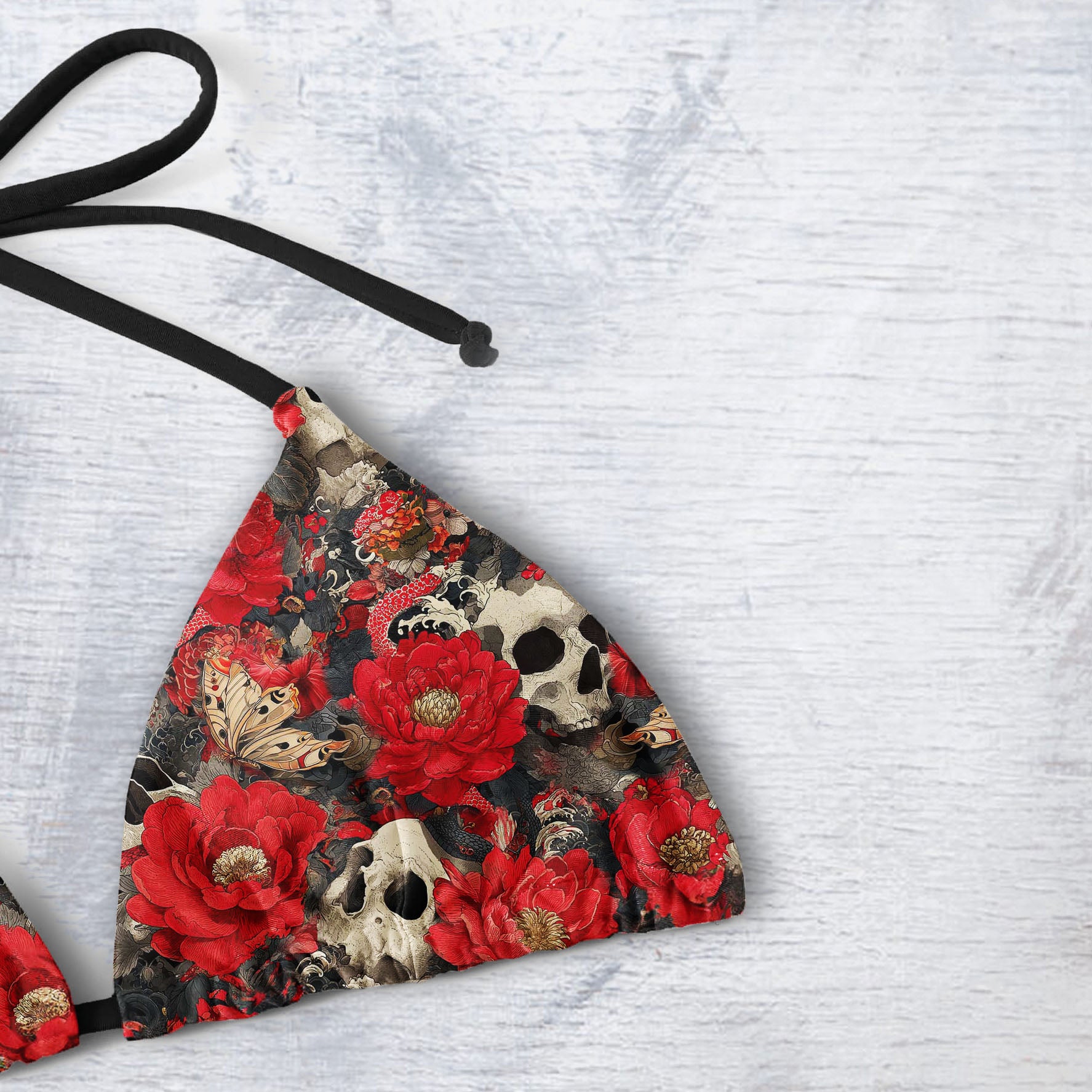 Red Flower Skull Pattern Micro Triangle Bikini Swimsuit