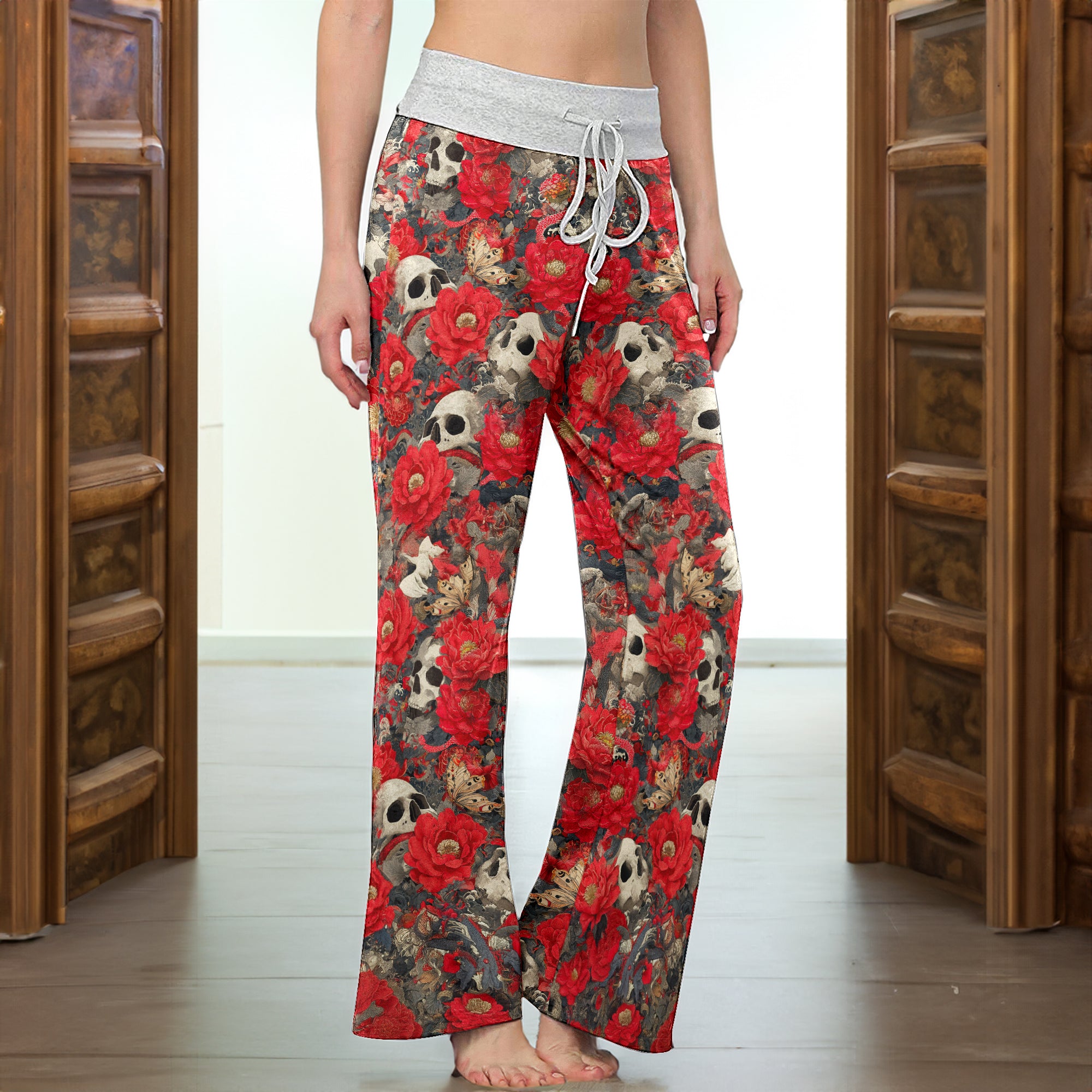 Red Skull Garden Pattern Women's High-waisted Wide Leg Pants