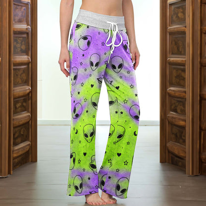 Neon Acid Alien Pattern Women's High-waisted Wide Leg Pants