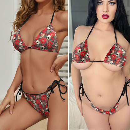 Vintage Red Peony Skull Micro Triangle Bikini Swimsuit