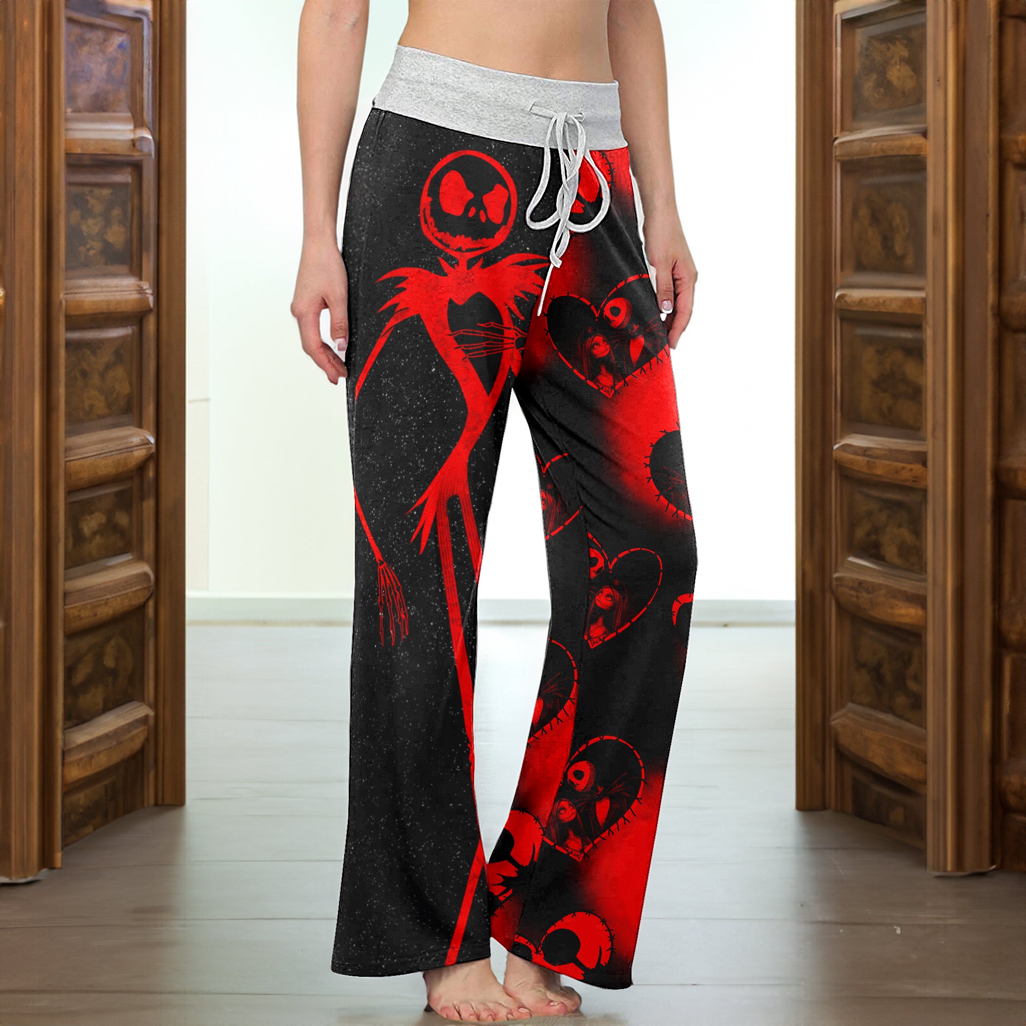 Red Skeleton Couple Art Women's High-waisted Wide Leg Pants