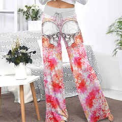 Pink Floral Skull Women's High-waisted Wide Leg Pants | Wonder Skull