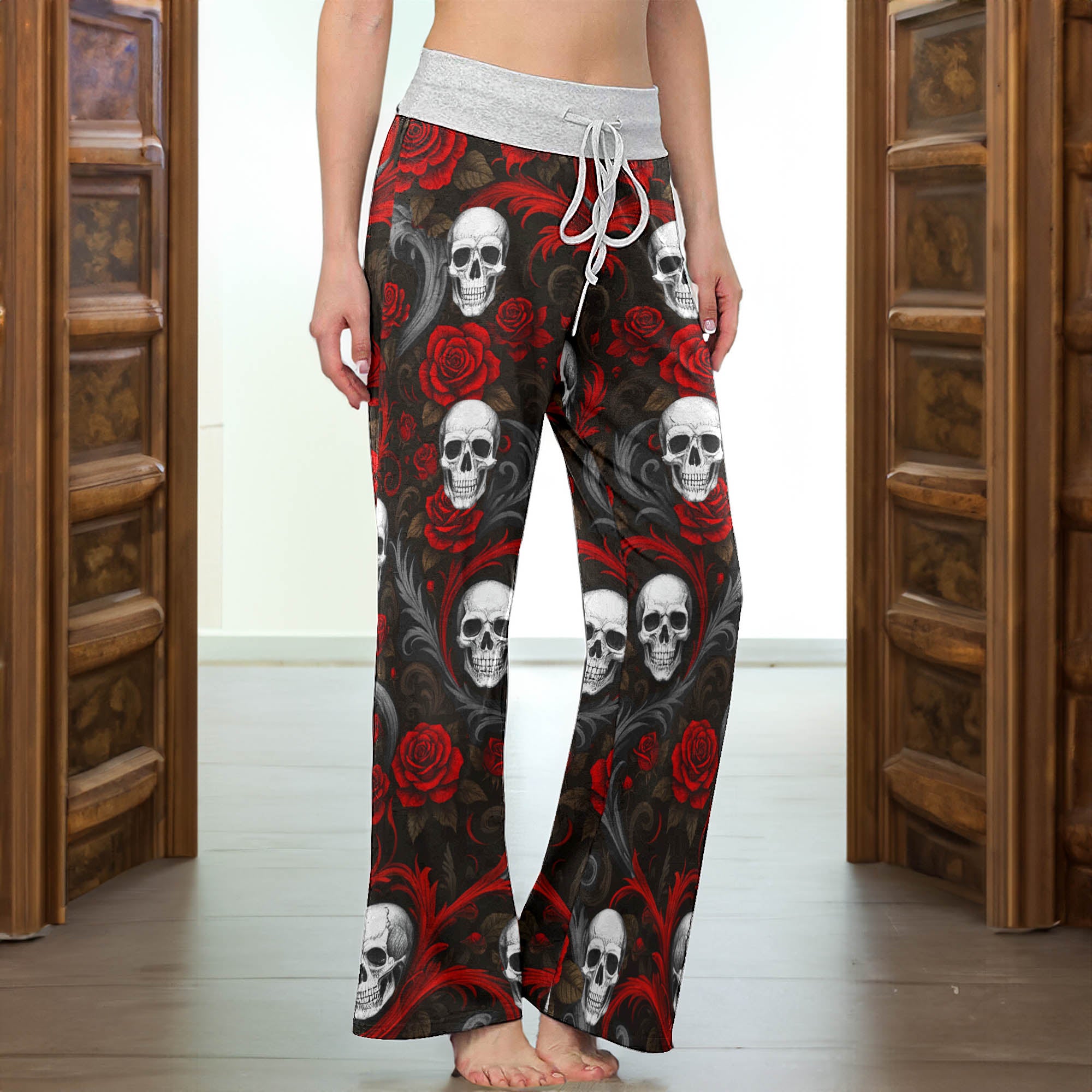 Baroque Blood Skull Roses Women's High-waisted Wide Leg Pants