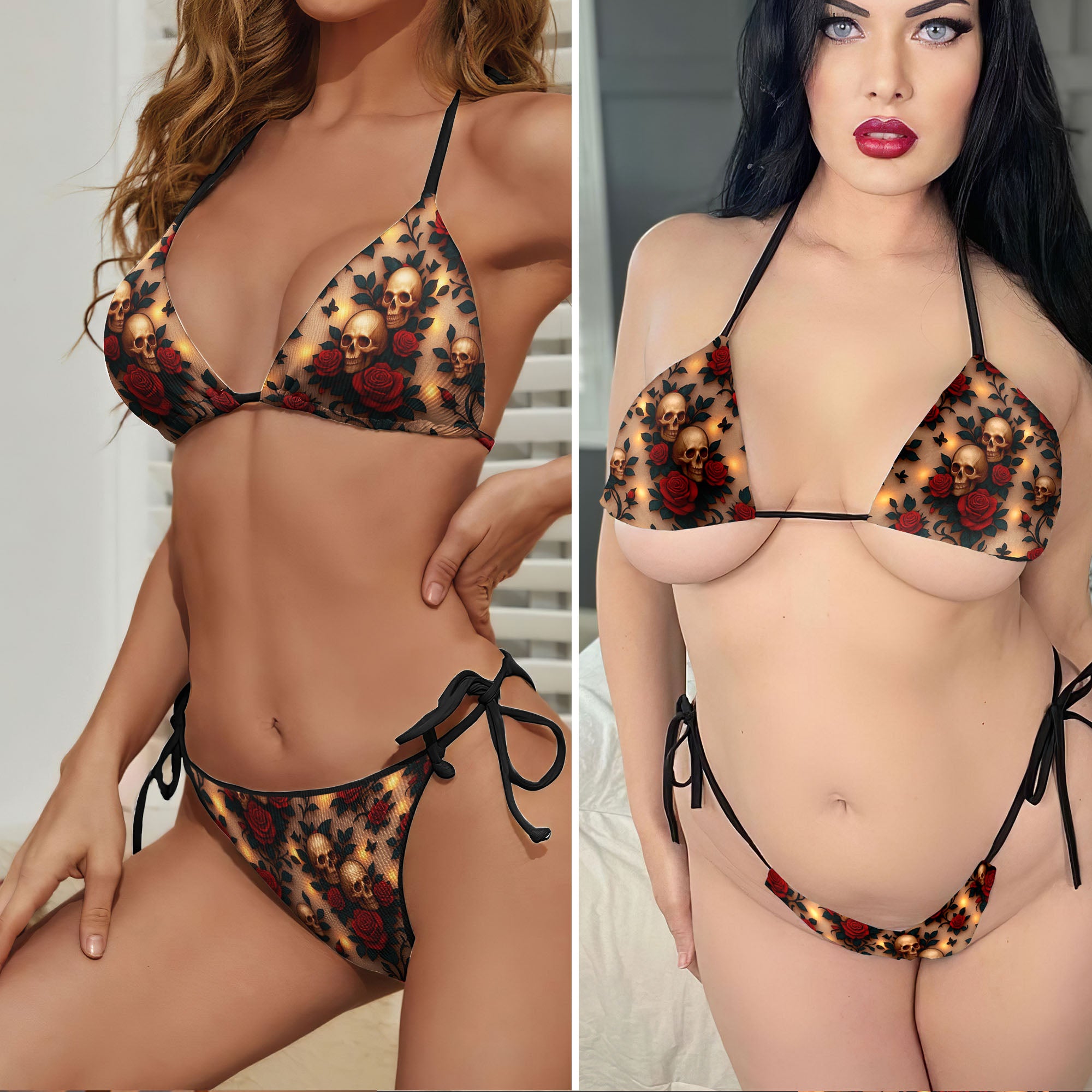 Velvet Bones Pattern Micro Triangle Bikini Swimsuit