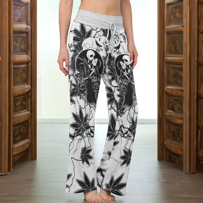 Black Couple Leaf Skeleton Women's High-waisted Wide Leg Pants