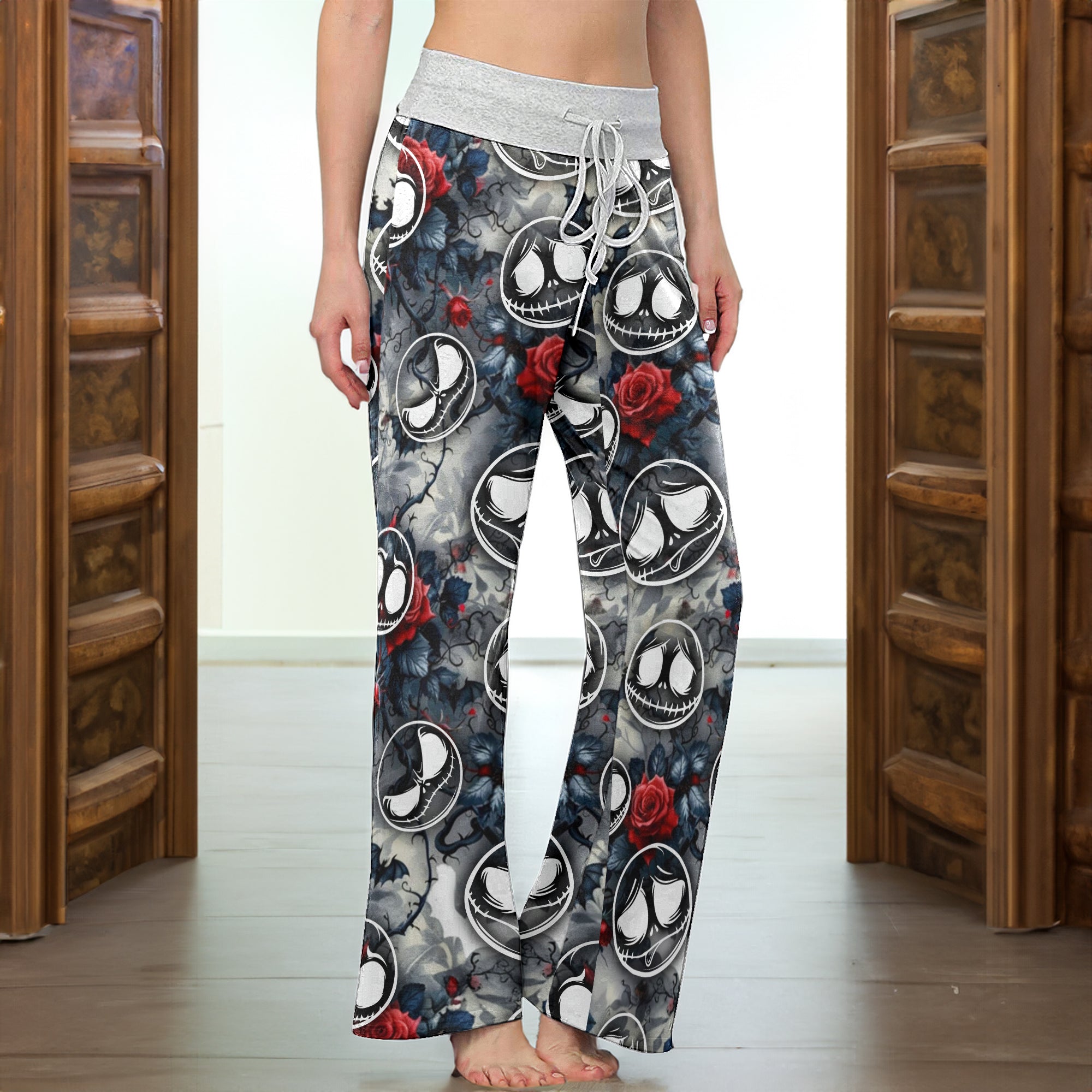 Gothic Skull Bloom Rose Women's High-waisted Wide Leg Pants