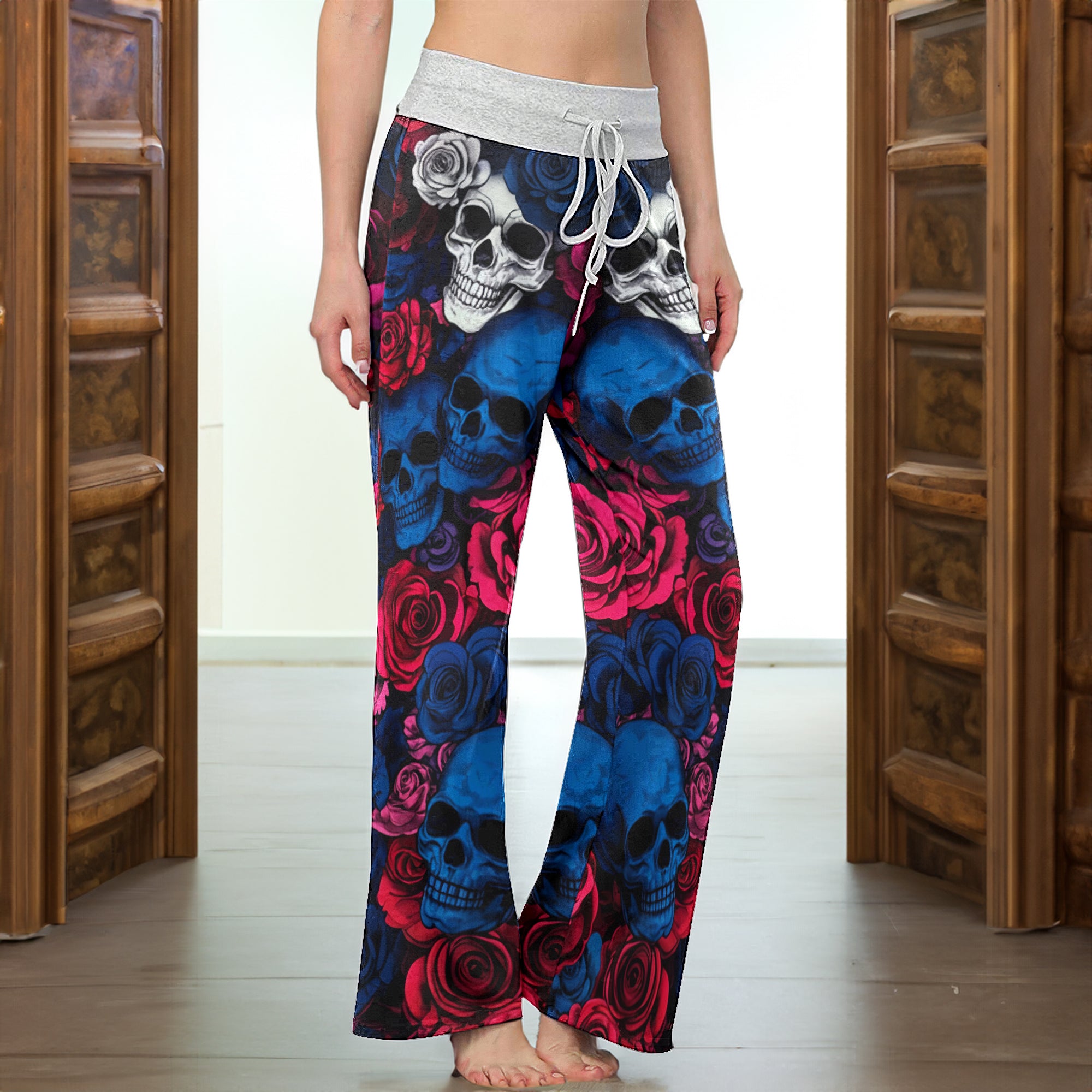 Rebel Rose Skull Pattern Women's High-waisted Wide Leg Pants