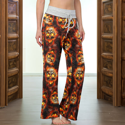 Hellfire Scorch Skulls Pattern Women's High-waisted Wide Leg Pants