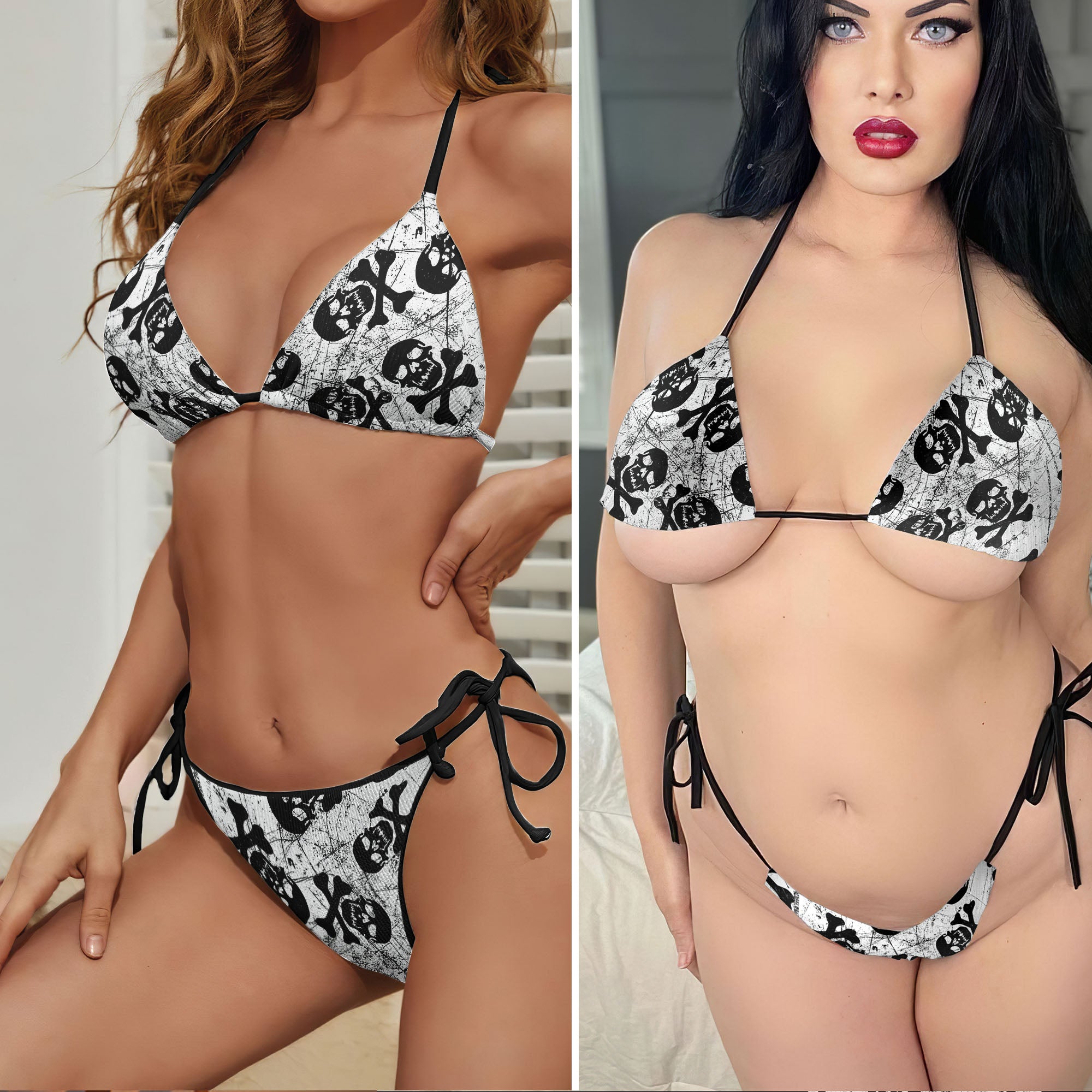 Vintage Grunge Skull Pattern Micro Triangle Bikini Swimsuit