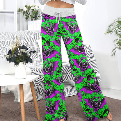 Green Skull Demon Heart Women's High-waisted Wide Leg Pants | Wonder Skull