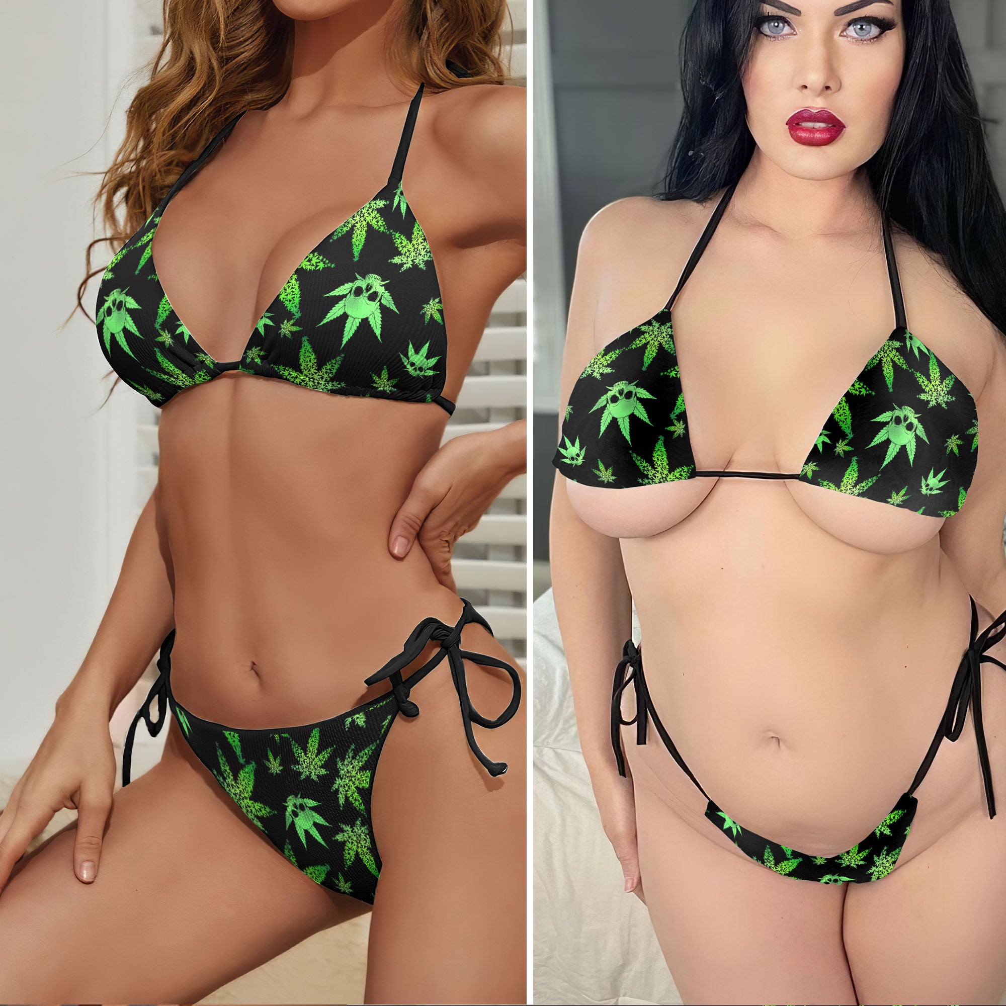Green Skull Leaf Pattern Micro Triangle Bikini Swimsuit