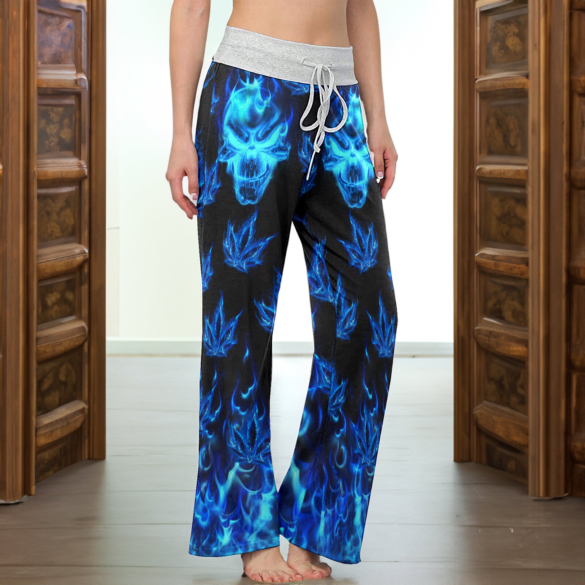 Blue Flaming Skull Women's High-waisted Wide Leg Pants