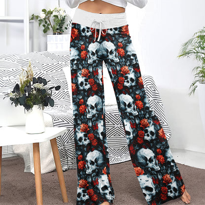 Skull Rose Gothic Women's High-waisted Wide Leg Pants | Wonder Skull
