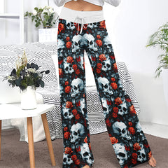 Skull Rose Gothic Women's High-waisted Wide Leg Pants | Wonder Skull