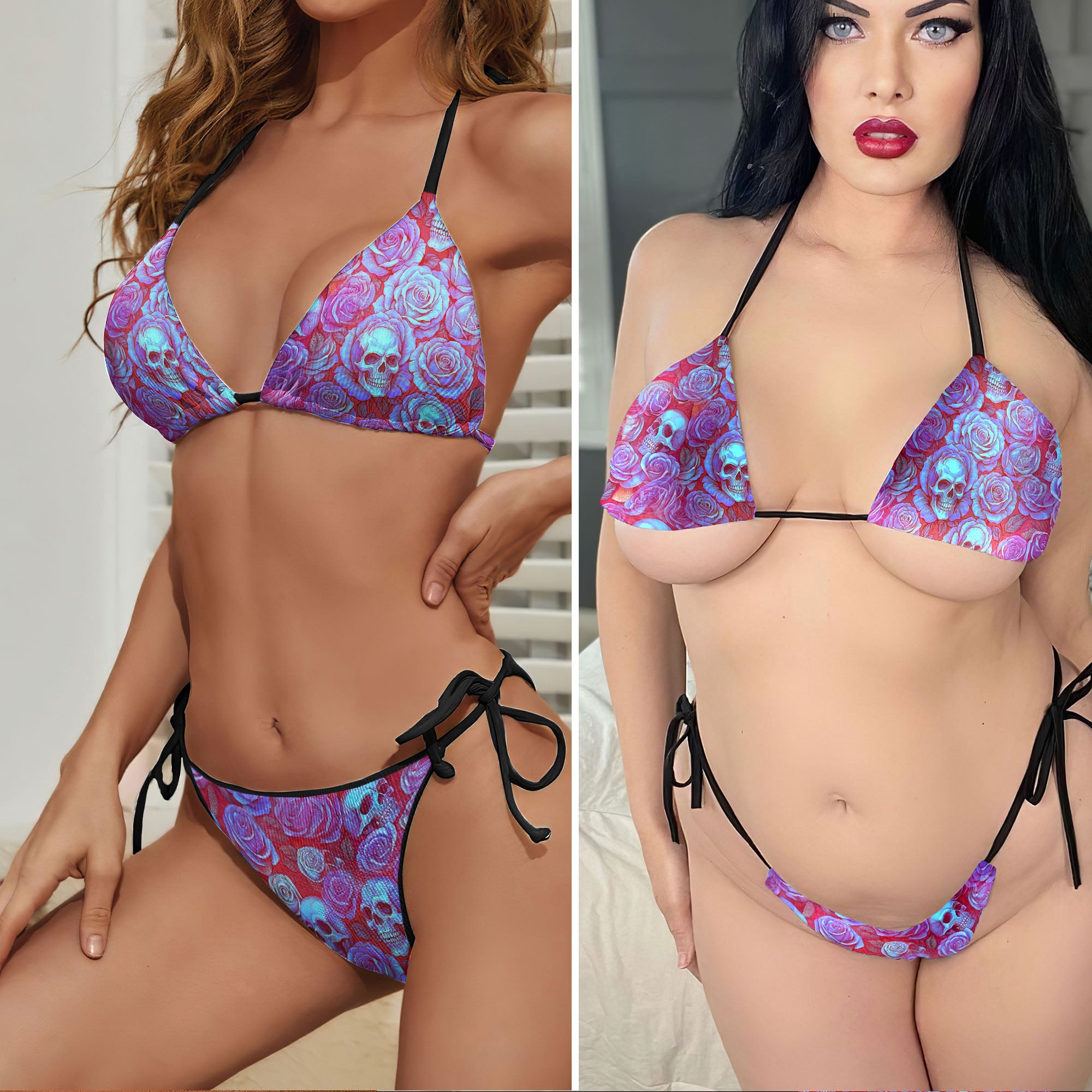 Abstract Skull Rose Neon Micro Triangle Bikini Swimsuit