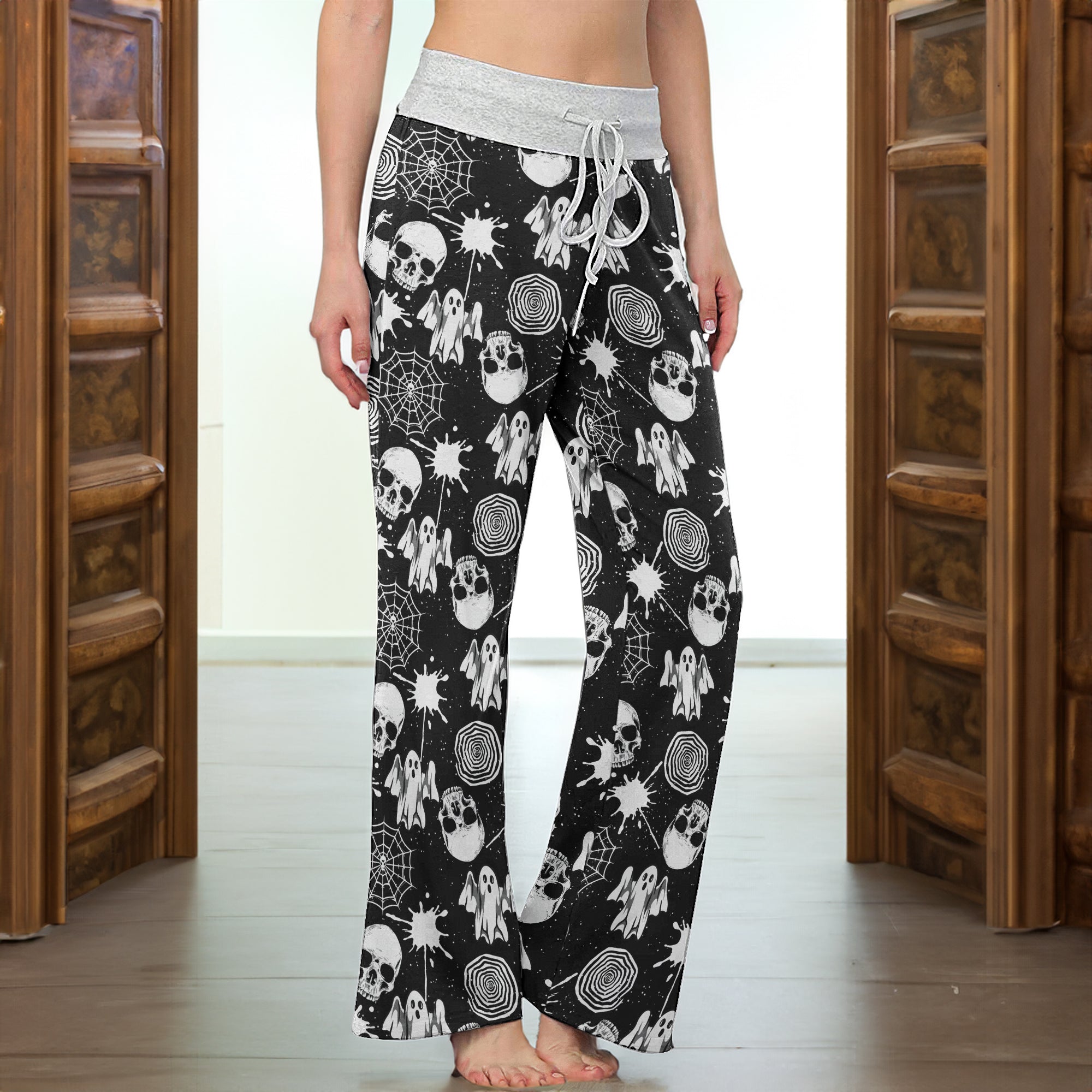 Halloween Skull Pattern Women's High-waisted Wide Leg Pants