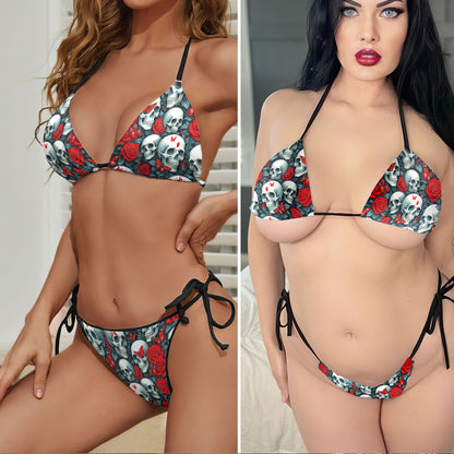 Gothic Skull Rose Pattern Micro Triangle Bikini Swimsuit