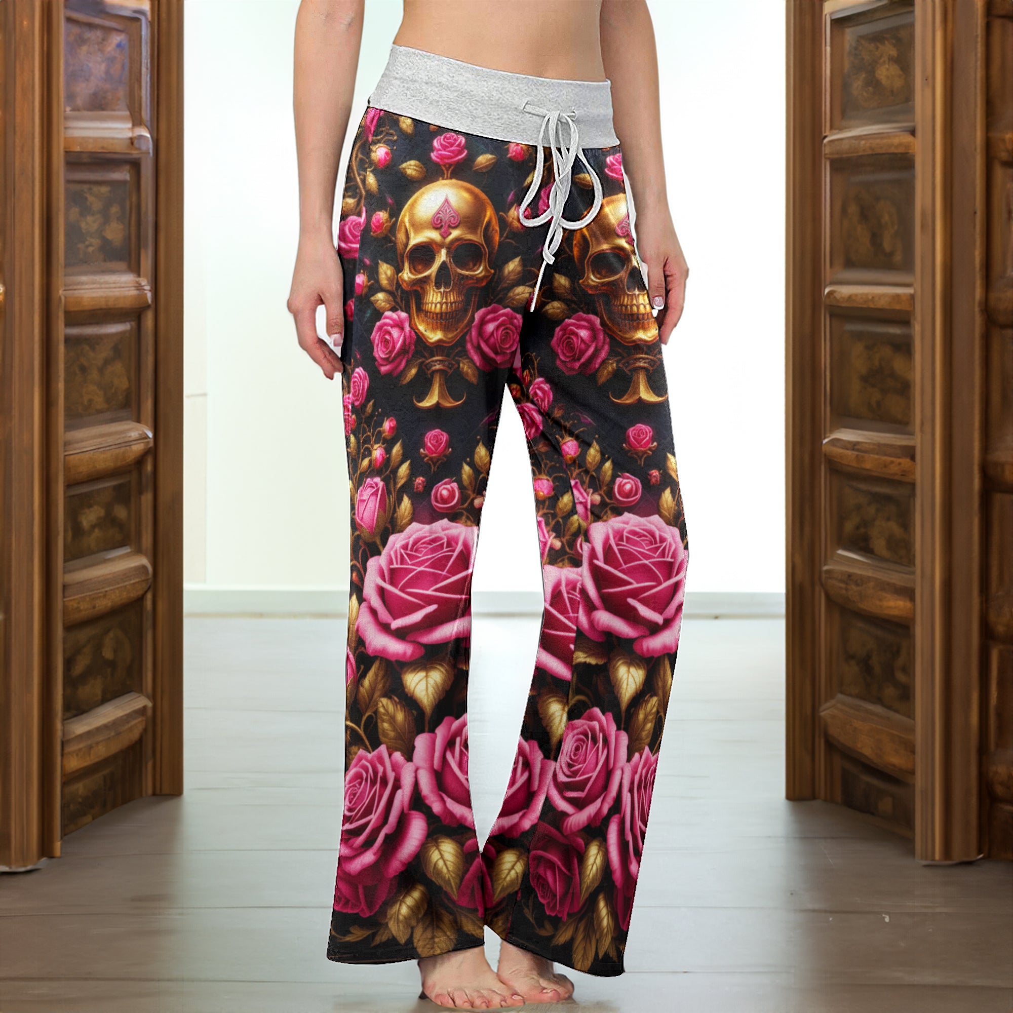 Skull Rose Royal Art Women's High-waisted Wide Leg Pants