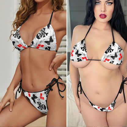 Vintage Grunge Skull Butterfly Micro Triangle Bikini Swimsuit