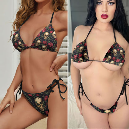 Vintage Skull Rose Briar Micro Triangle Bikini Swimsuit